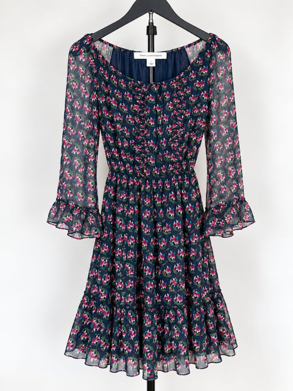 Diane von Furstenberg Floral Sheer Long Sleeve Mini Dress Romantic Boho